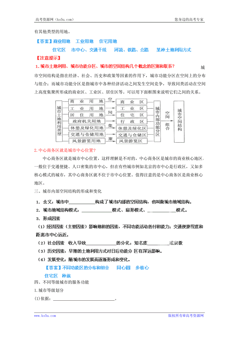 2013高考地理一轮复习教学案 专题16 城市内部空间结构和不同等级城市的服务功能（教师版）.pdf_第3页