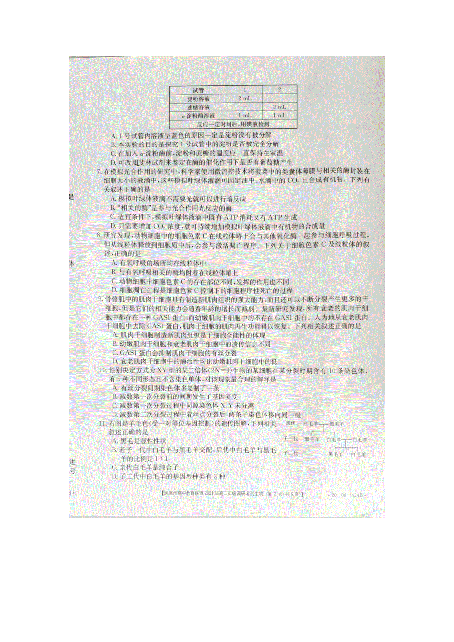 湖北省恩施洲高中教育联盟2019-2020学年高二生物下学期调研考试（期末）试题（扫描版）.doc_第2页