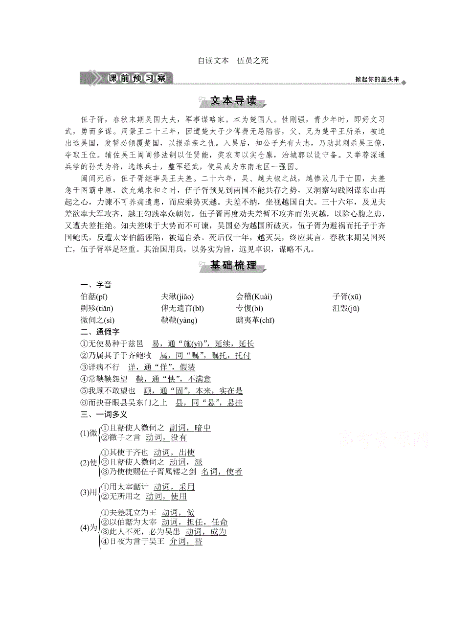 2019-2020学年鲁人版选修史记选读学案：第五单元自读文本　伍员之死 WORD版含解析.doc_第1页