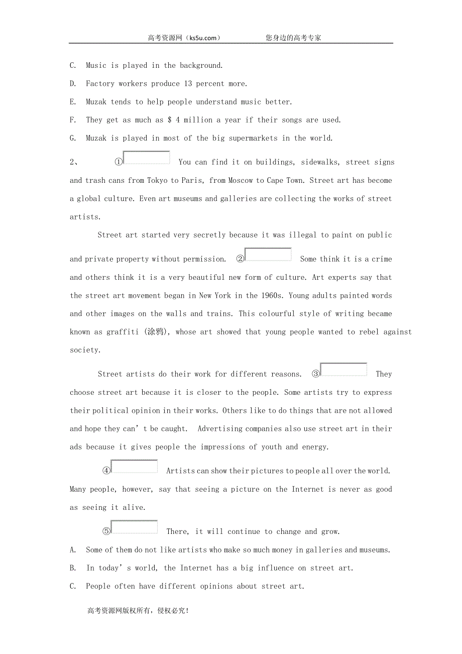 2019-2020学年高二英语人教版选修6专项训练：七选五 WORD版含答案.doc_第2页