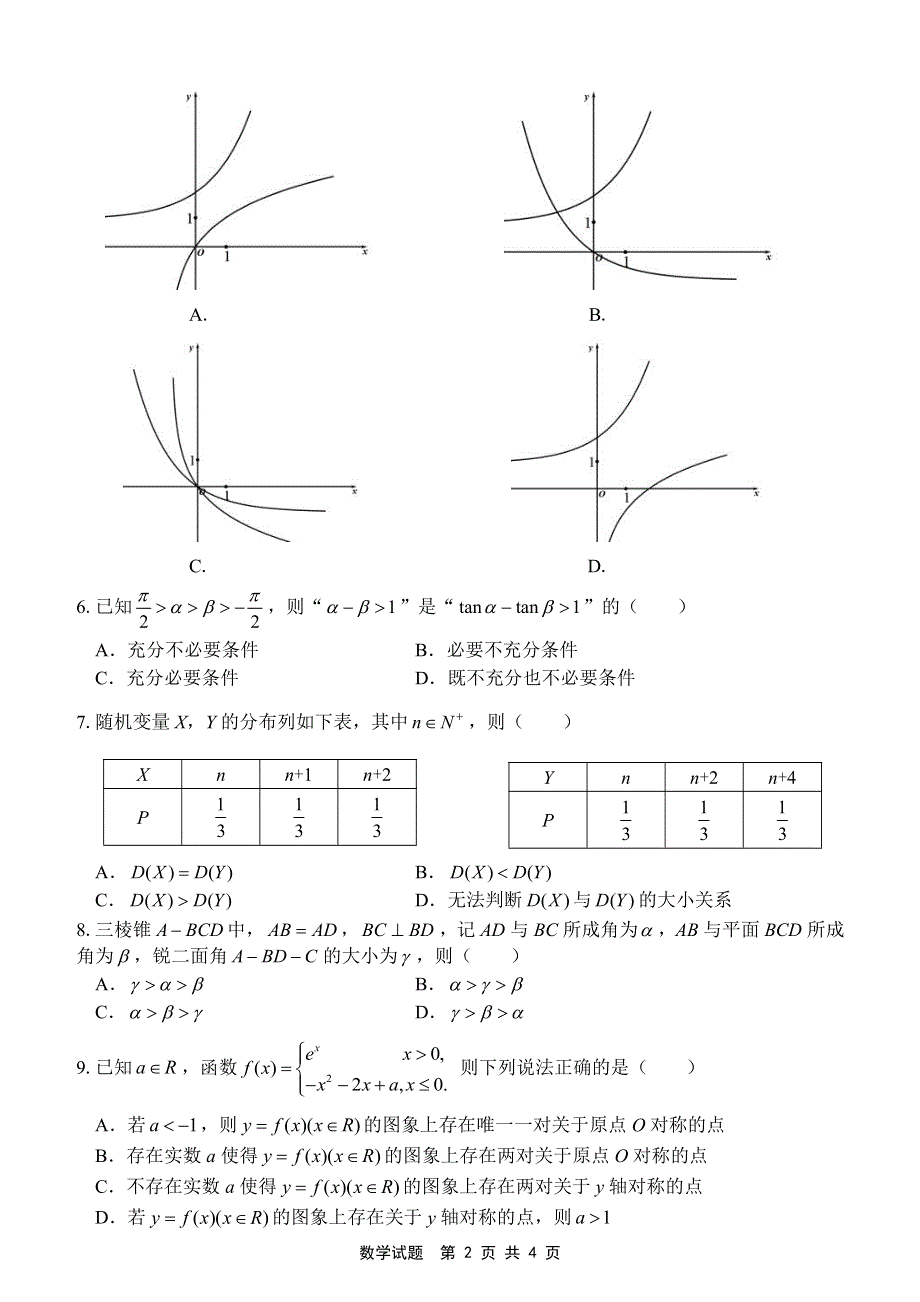 浙江省教育绿色评价联盟2020届高三下学期6月适应性考试数学试题 PDF版含答案.pdf_第2页