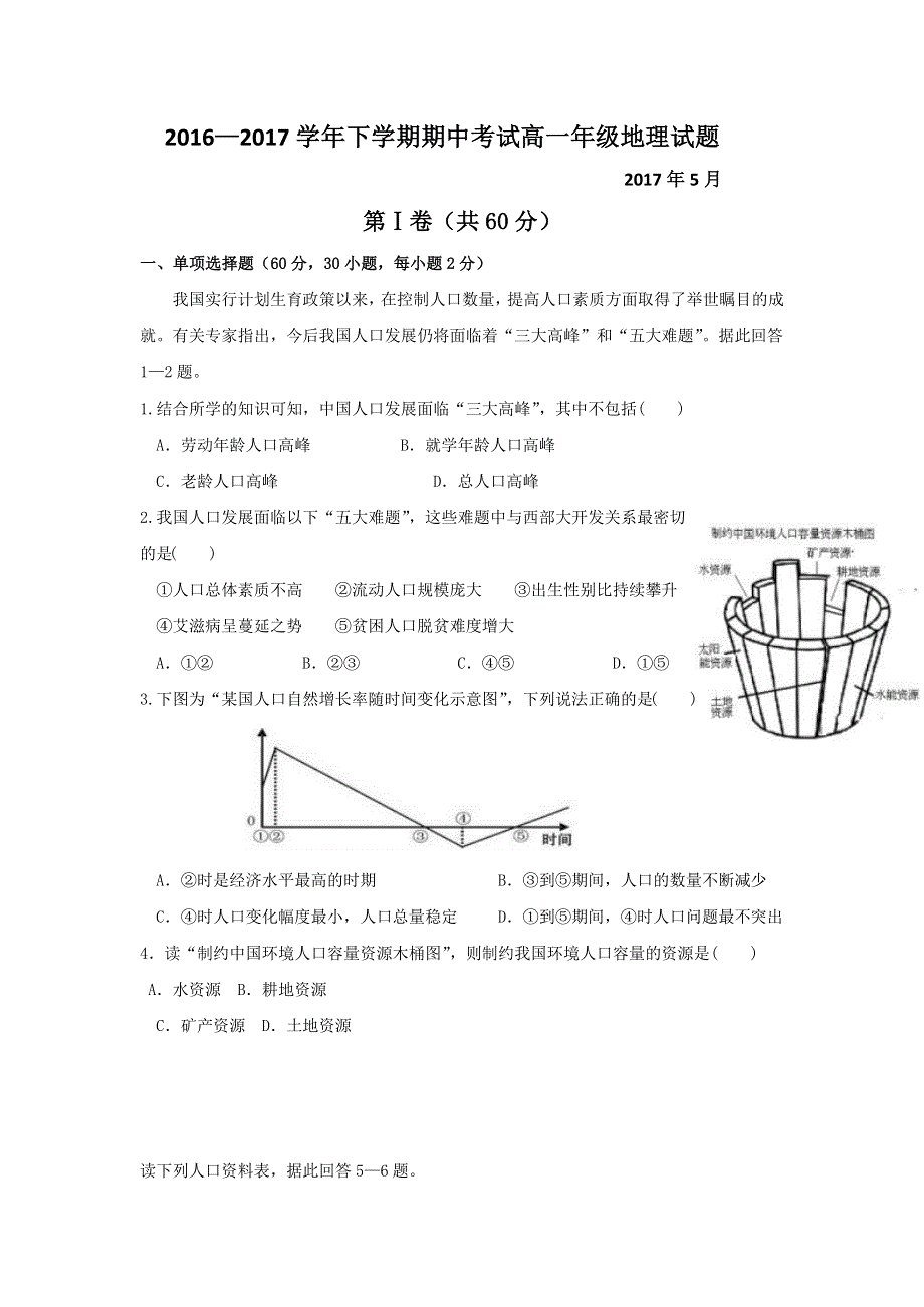 江苏省泰安市长城中学2016-2017学年高一下学期期中考试地理试题 WORD版含答案.doc_第1页