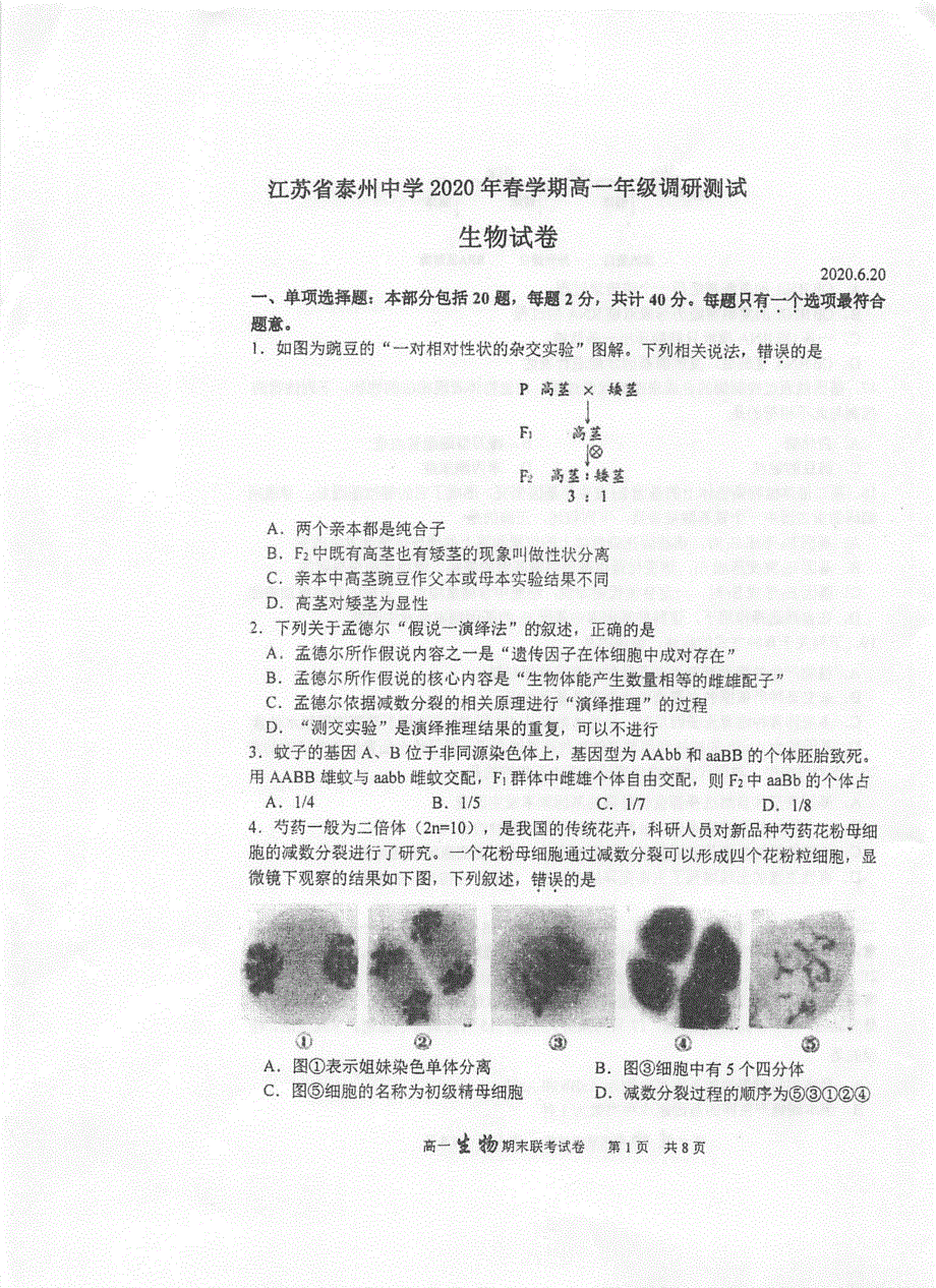 江苏省泰州中学2019-2020学年高一6月调研测试生物试题 扫描版含答案.pdf_第1页