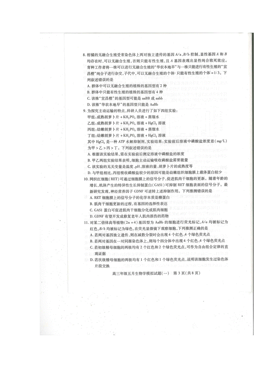 湖北省武汉市2022届高三年级五月模拟试题（一）生物试卷（图片版 无答案）.pdf_第3页