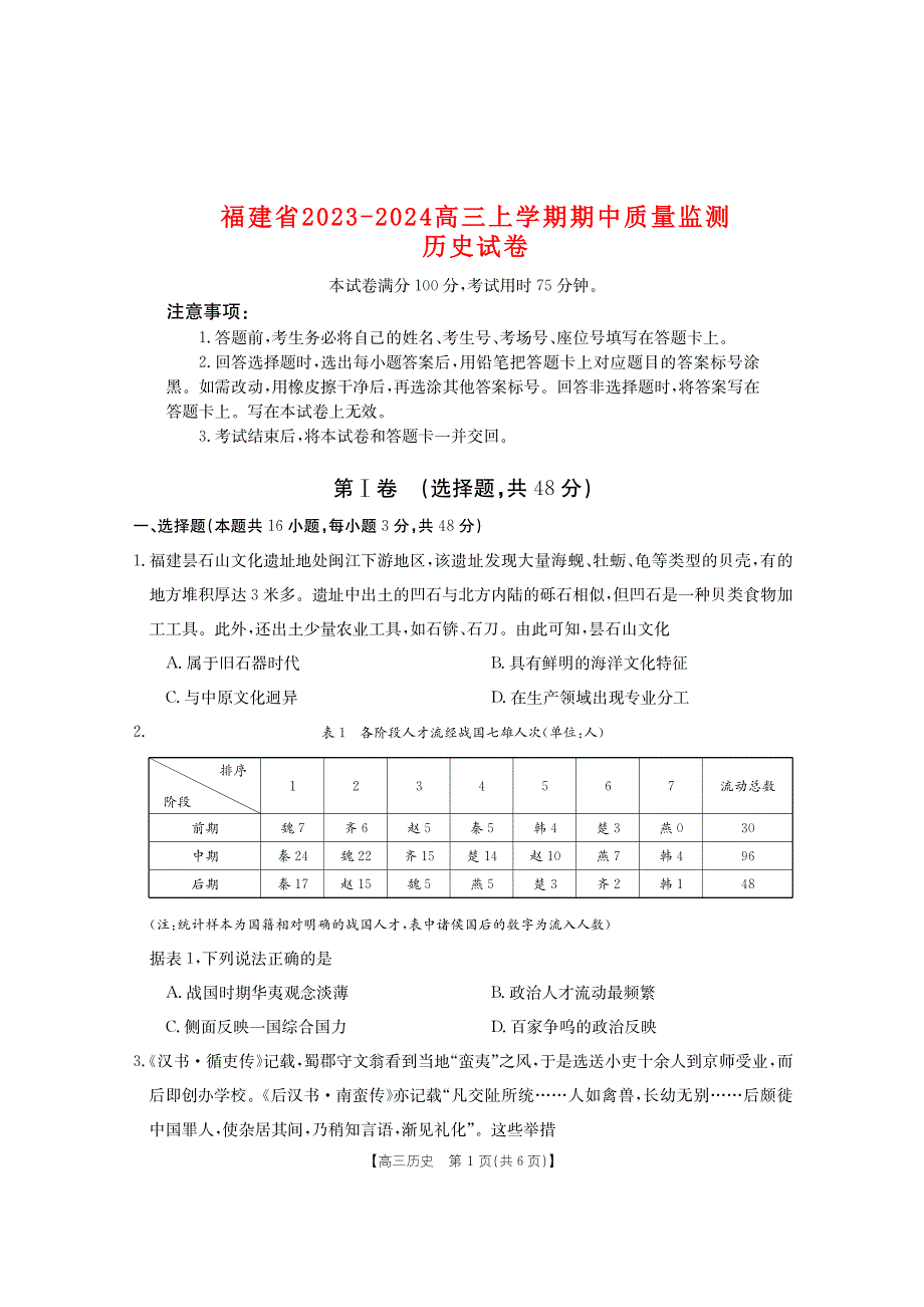 福建省2023-2024高三历史上学期期中质量监测试题(pdf).pdf_第1页