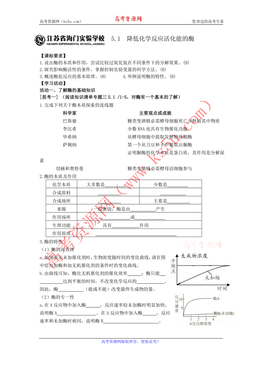 江苏省海门实验学校2016届高三生物一轮复习5.1降低化学反应活化能的酶学案 .doc_第1页