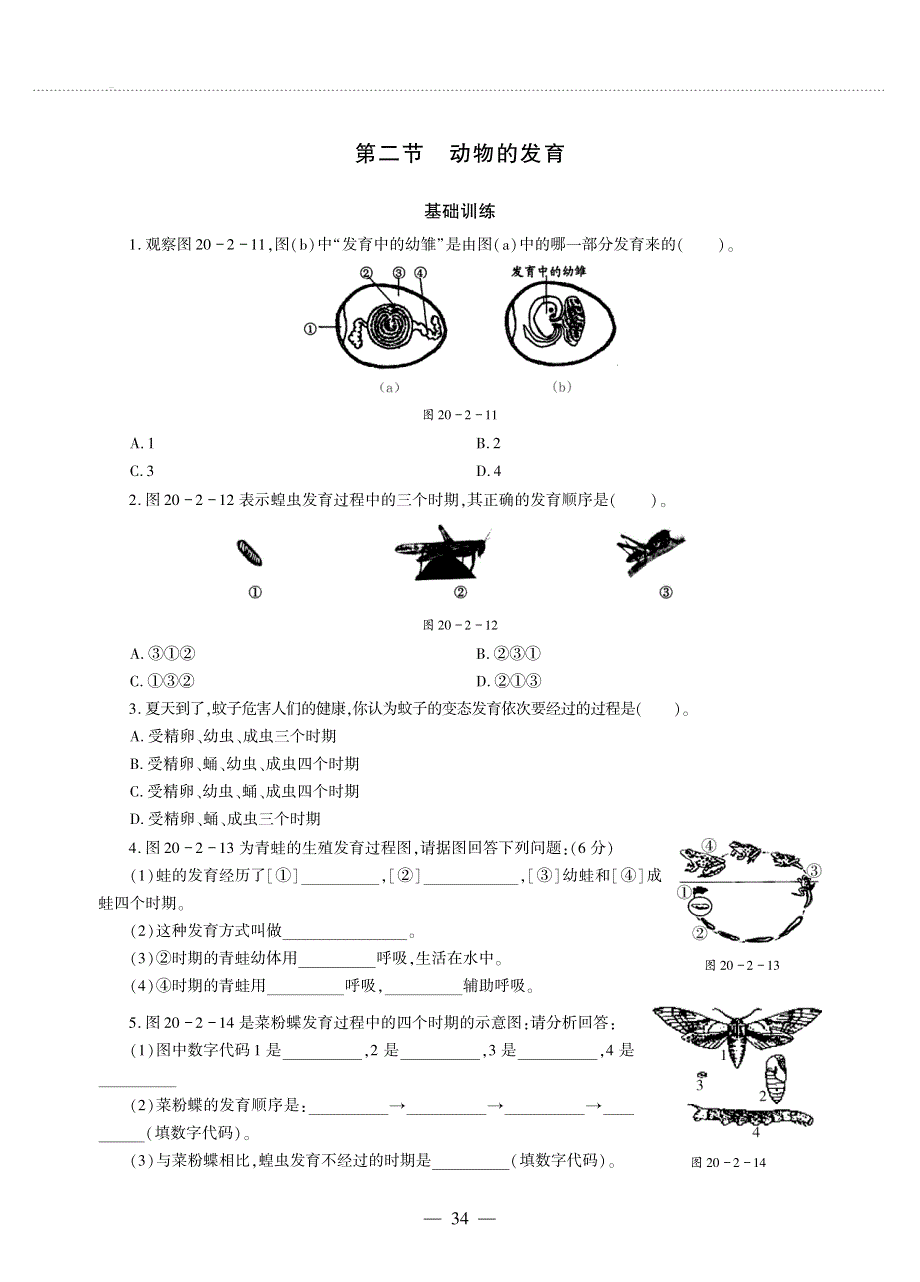 八年级生物上册 第7单元 生命的延续与进化 第20章 动物的生殖和发育 第2节 动物的发育同步作业（pdf无答案）（新版）苏科版.pdf_第1页