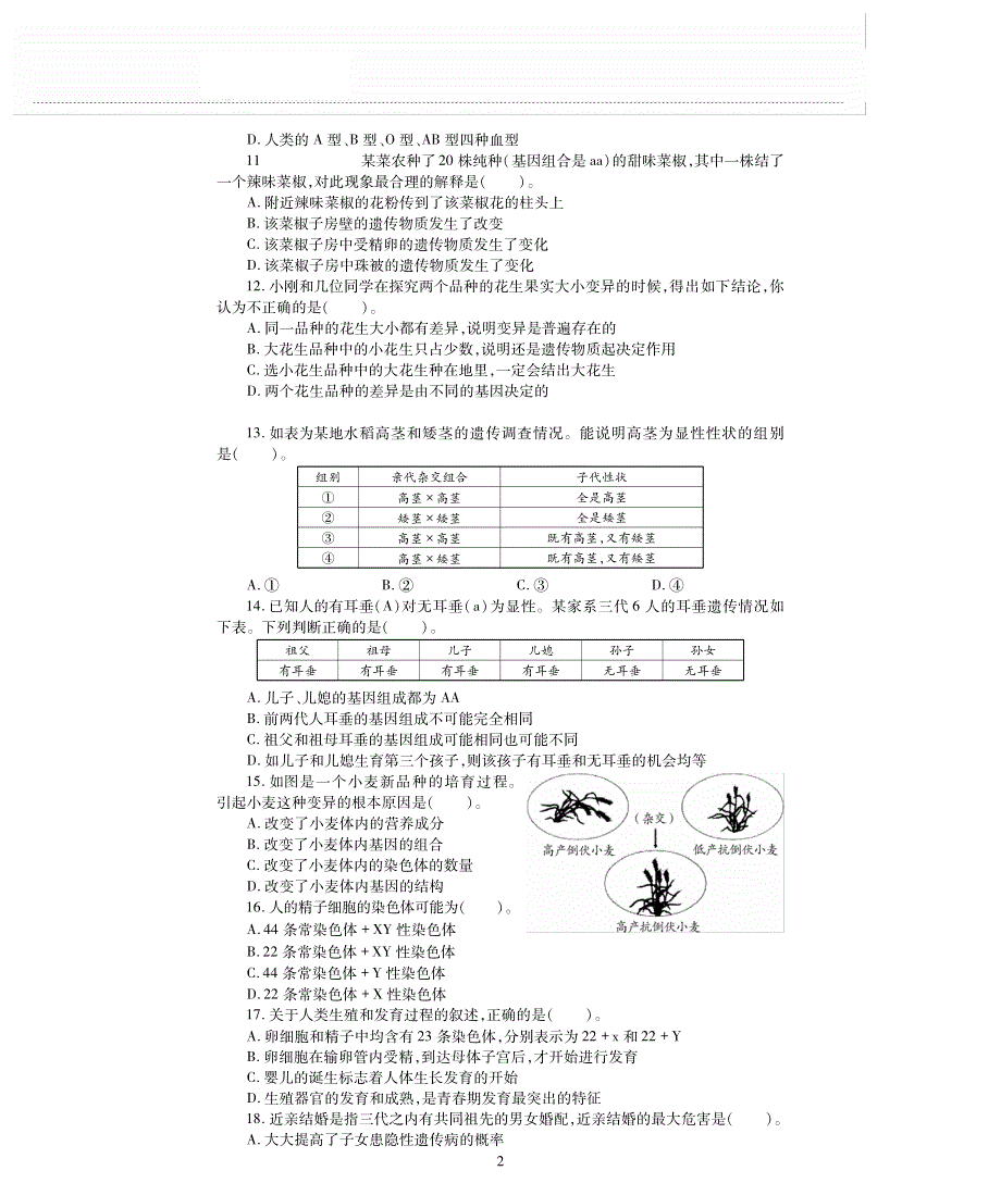 八年级生物上册 第四单元 物种的延续 第四章 生物的遗传与变异评估检测题（pdf无答案）（新版）济南版.pdf_第2页