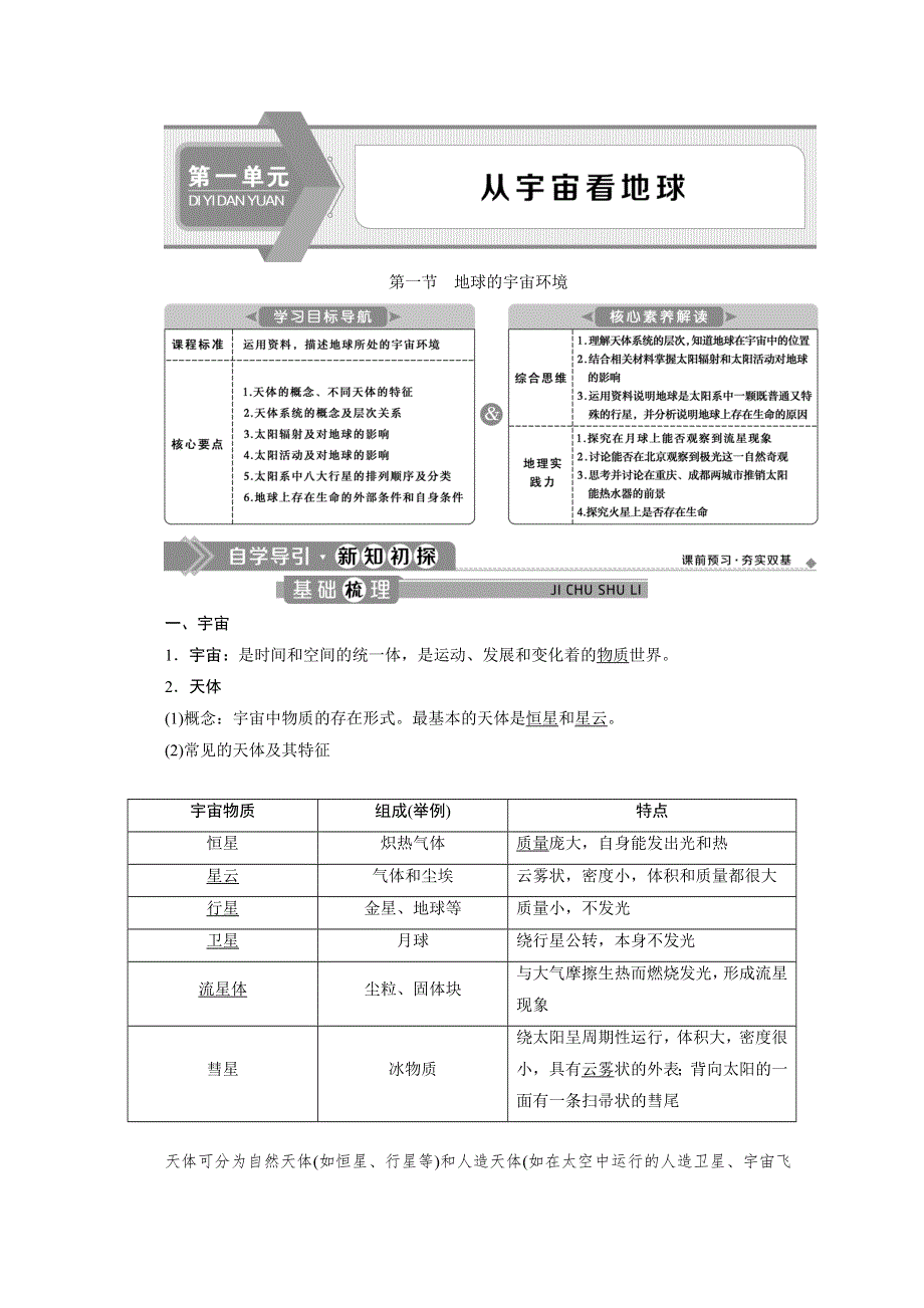 （新教材）2019-2020学年鲁教版地理必修第一册讲义：1-1 地球的宇宙环境 WORD版含答案.doc_第1页