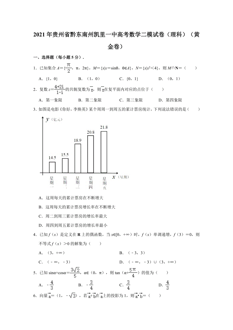 《解析》贵州省凯里市第一中学2021届高三模拟考试《黄金二卷》数学（理）试题 WORD版含解析.doc_第1页