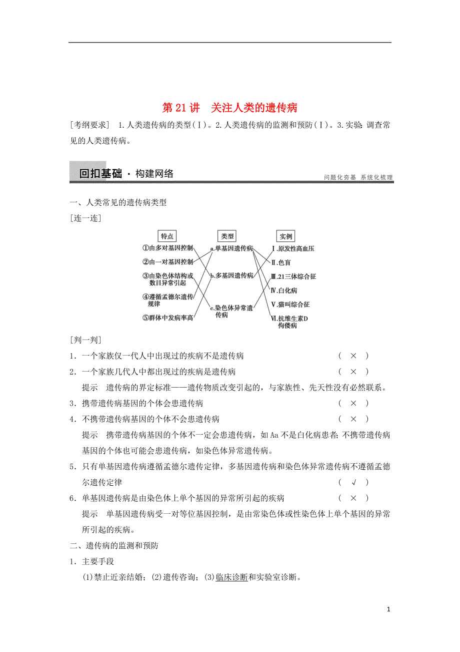 2014届高三生物一轮复习精讲精练 第21讲 关注人类的遗传病 苏教版.doc_第1页