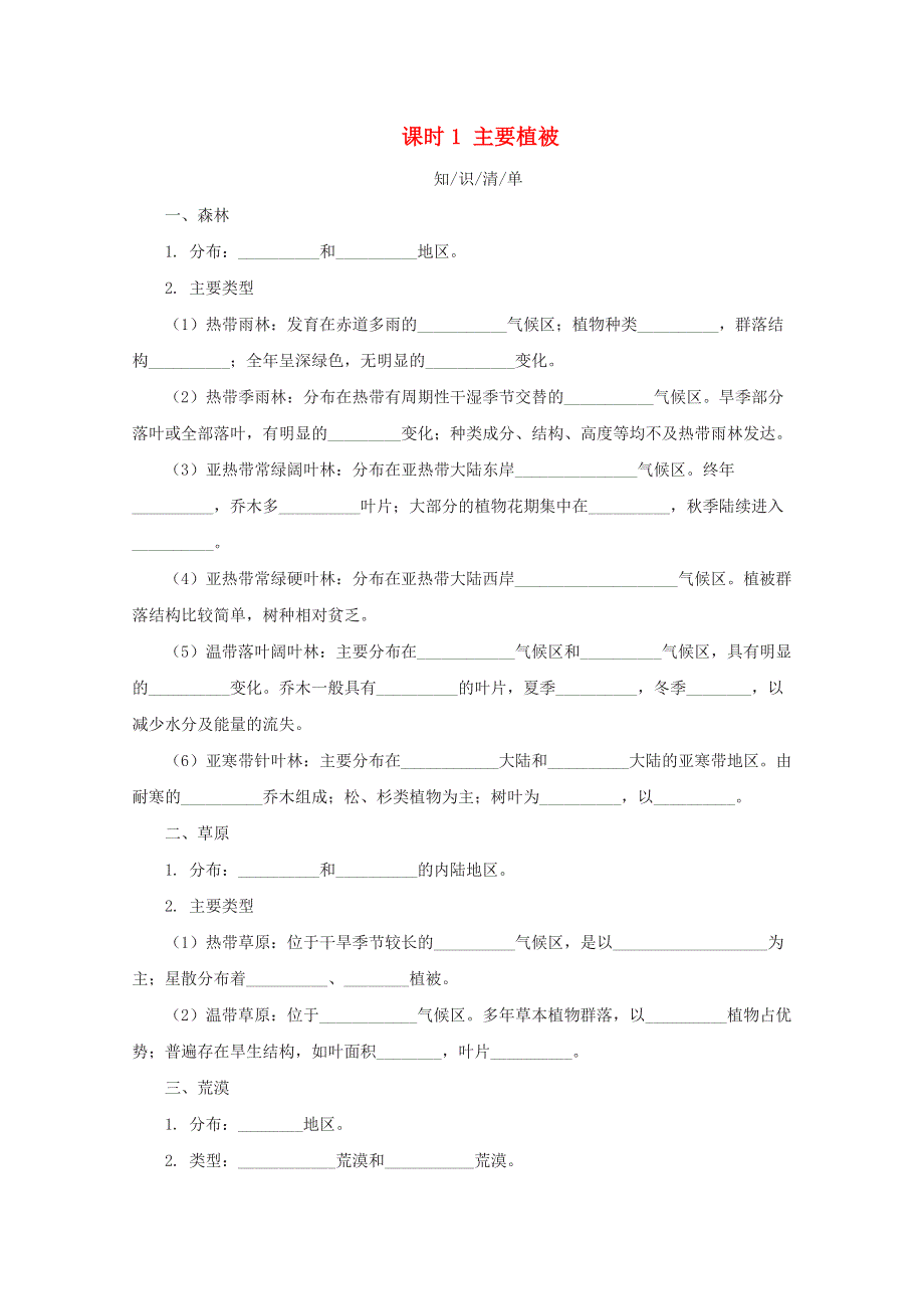 2020-2021学年新教材高中地理 第五章 地球上的植被与土壤 第一节 主要植被与自然环境 课时1 主要植被课堂速练（含解析）湘教版必修1.docx_第1页