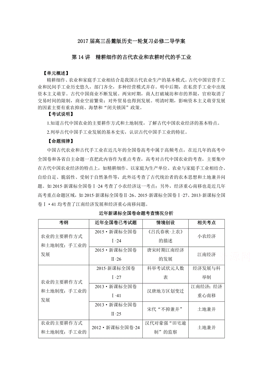 山东宁阳四中2017届高三岳麓版历史一轮复习必修二导学案：第14讲 精耕细作的古代农业和农耕时代的手工业.doc_第1页