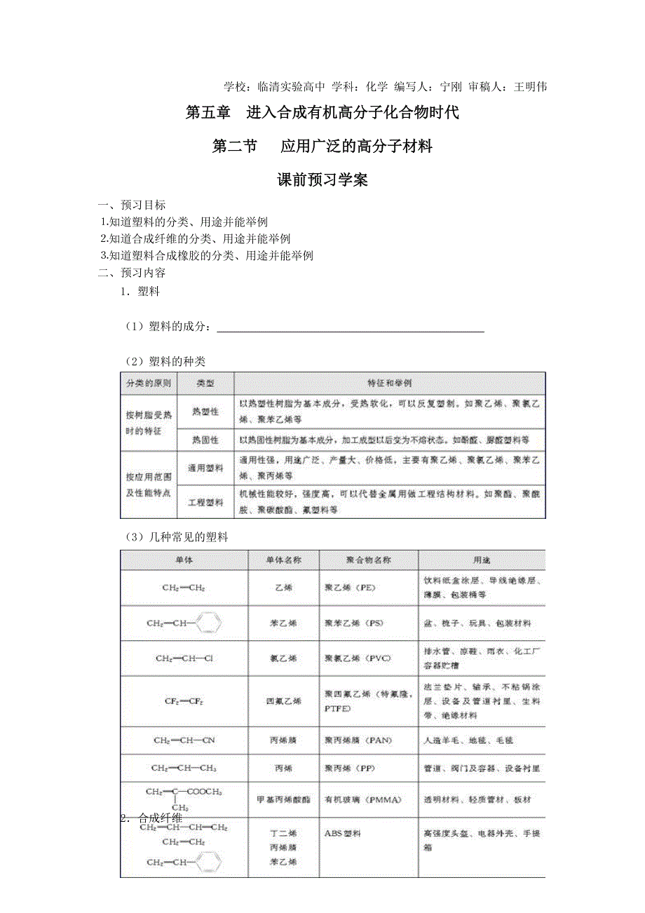 山东临清市四所高中高二化学学案 选修5 第5章 第2节 应用广泛的高分子材料（新人教选修5）.doc_第1页