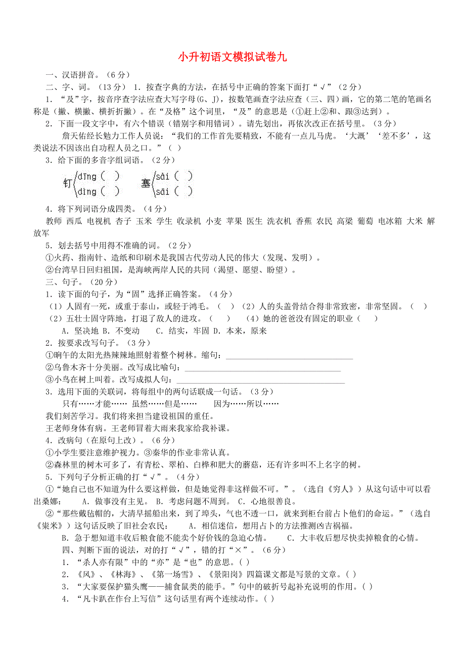 小学语文毕业班升初模拟试卷九.doc_第1页