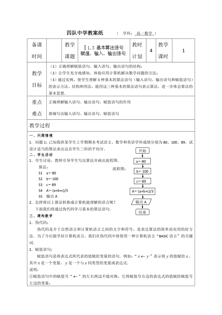 江苏省灌云县四队中学2013-2014学年高中数学教案：基本算法语句——赋值、输入、输出语句 （苏教版必修3） WORD版.doc_第1页