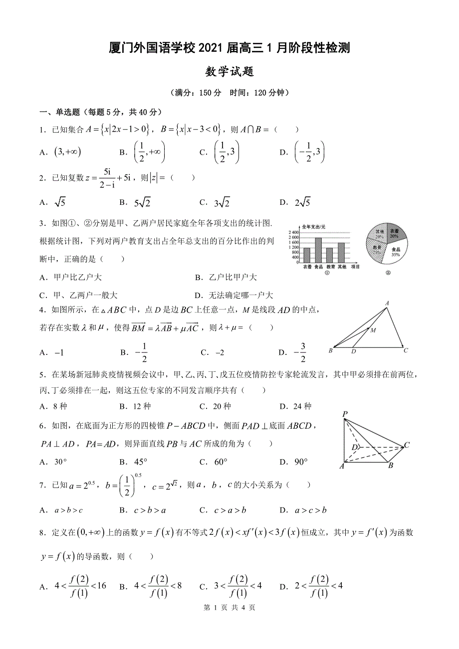 福建省厦门外国语学校2021届高三1月阶段性检测数学试题（可编辑） WORD版含答案.pdf_第1页