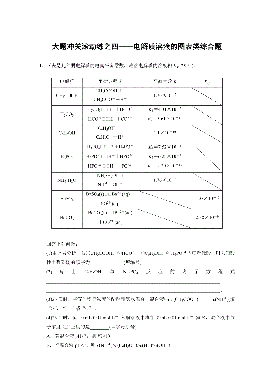 2015届高考化学（新课标通用）一轮复习配套文档：第八章 大题冲关滚动练之四——电解质溶液的图表类综合题 WORD版含解析.doc_第1页