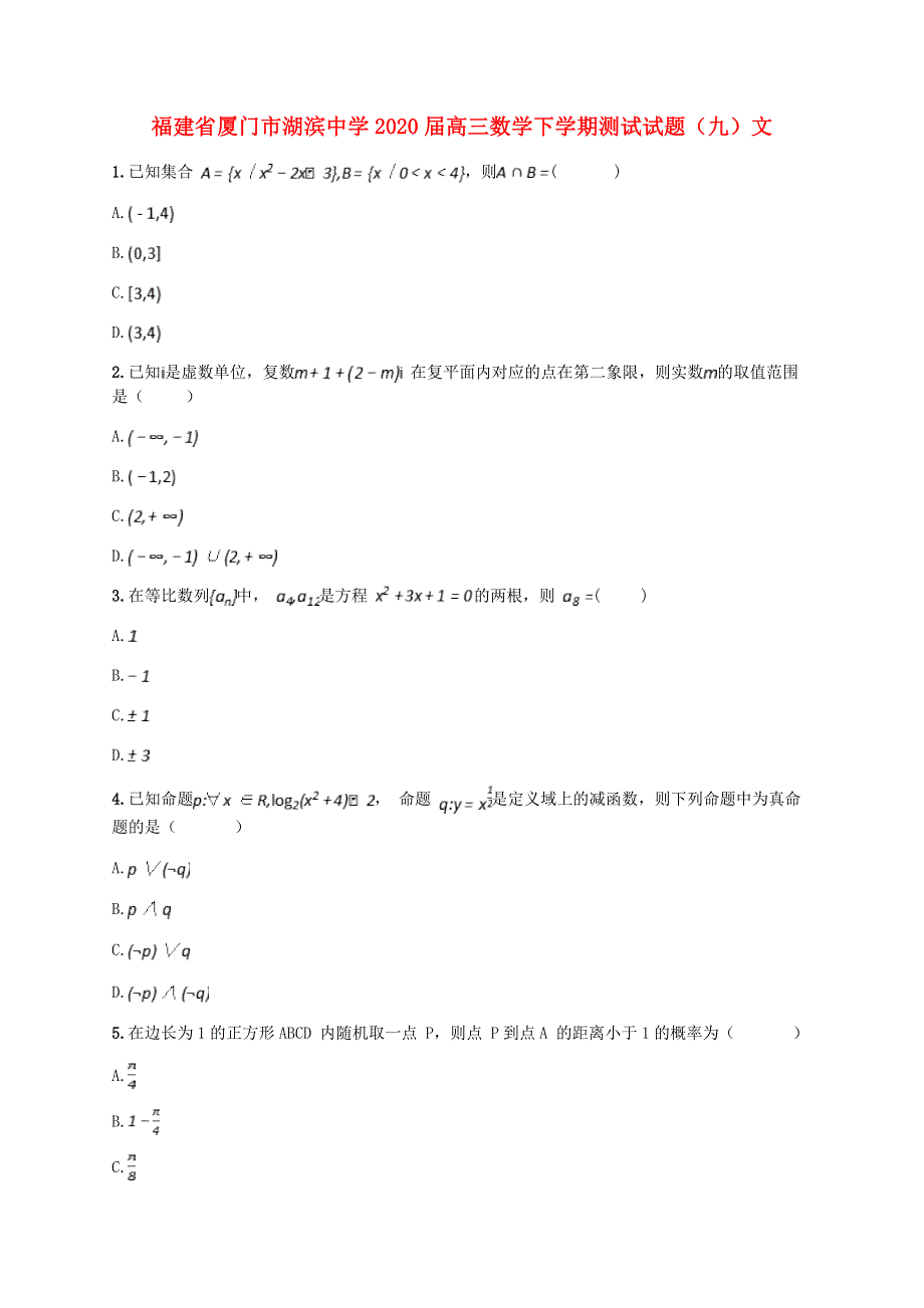 福建省厦门市湖滨中学2020届高三数学下学期测试试题（九）文.doc_第1页