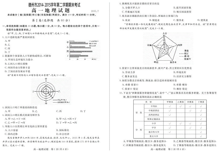 山东省德州市2014-2015学年高一下学期期末考试地理试题（PDF版）.pdf_第1页