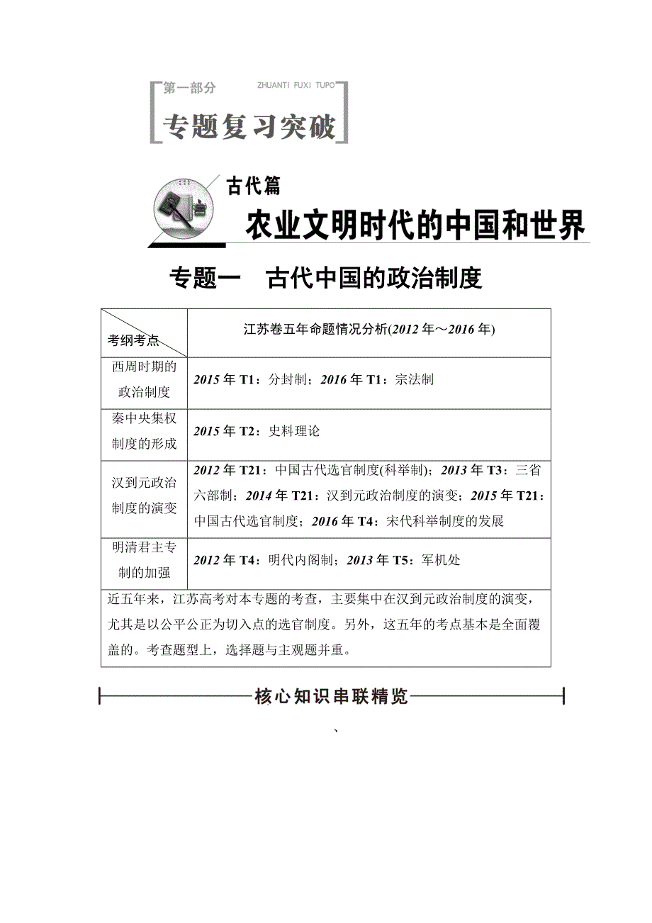 2017高考历史（江苏专版）二轮复习策略文档：专题1 古代中国的政治制度 WORD版含解析.doc_第1页