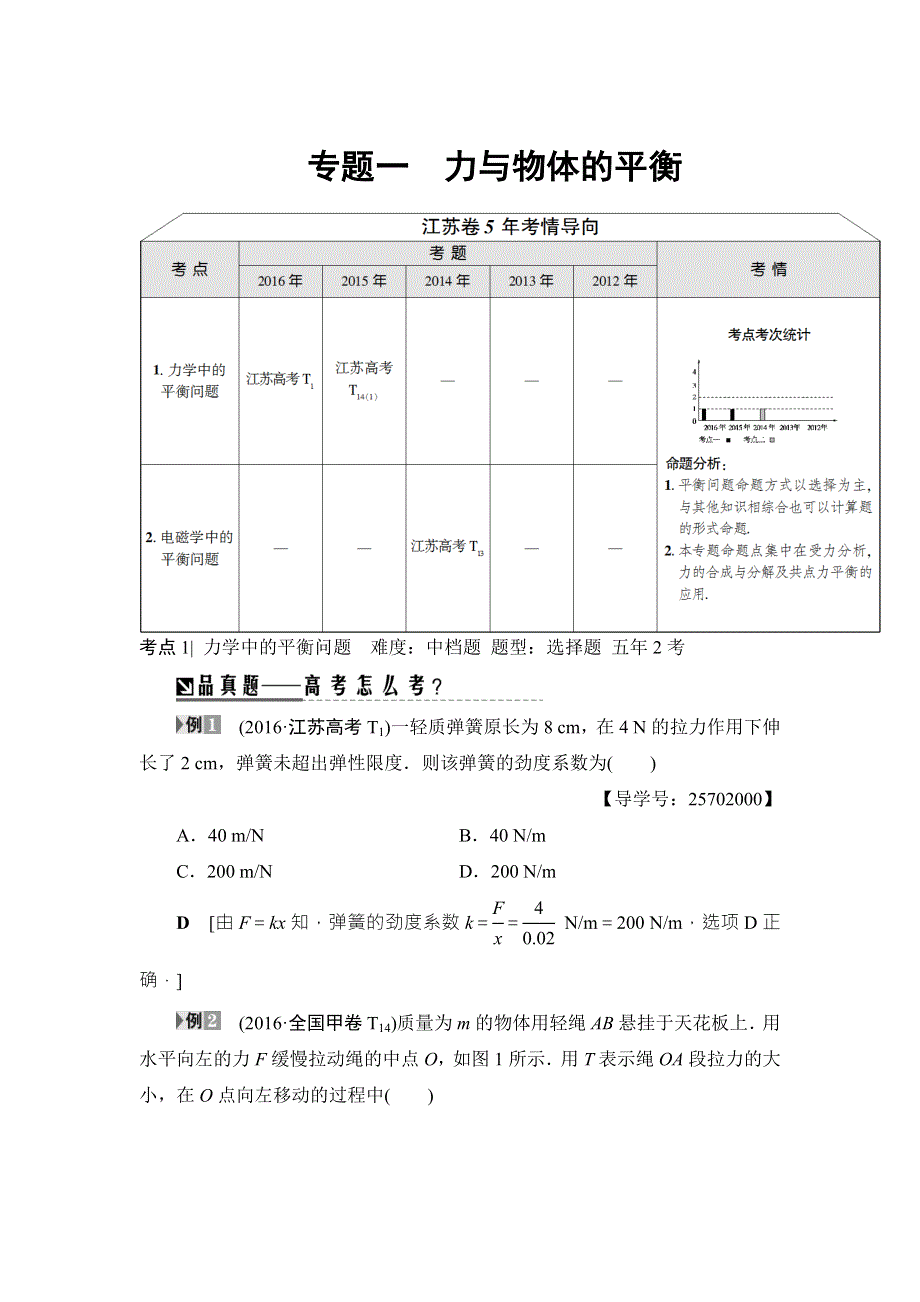 2017高考物理（江苏专版）二轮复习与策略讲练：专题1 力与物体的平衡 WORD版含解析.doc_第1页