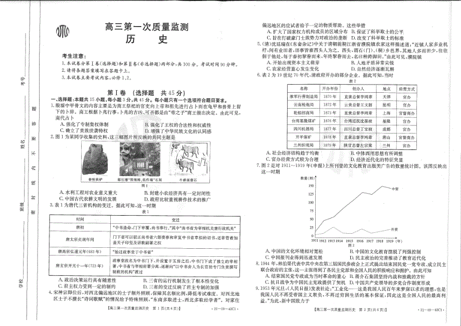 山东齐鲁协作体2021届高三上学期第一次质量检测历史试题 扫描版含答案.pdf_第1页