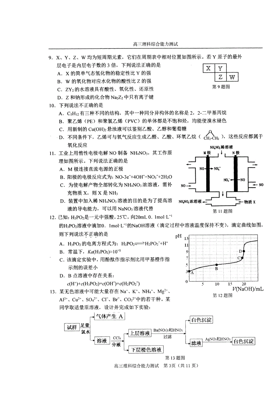 浙江省温州市2016年高三第三次适应性测试理综化学试卷 扫描版含答案.doc_第2页