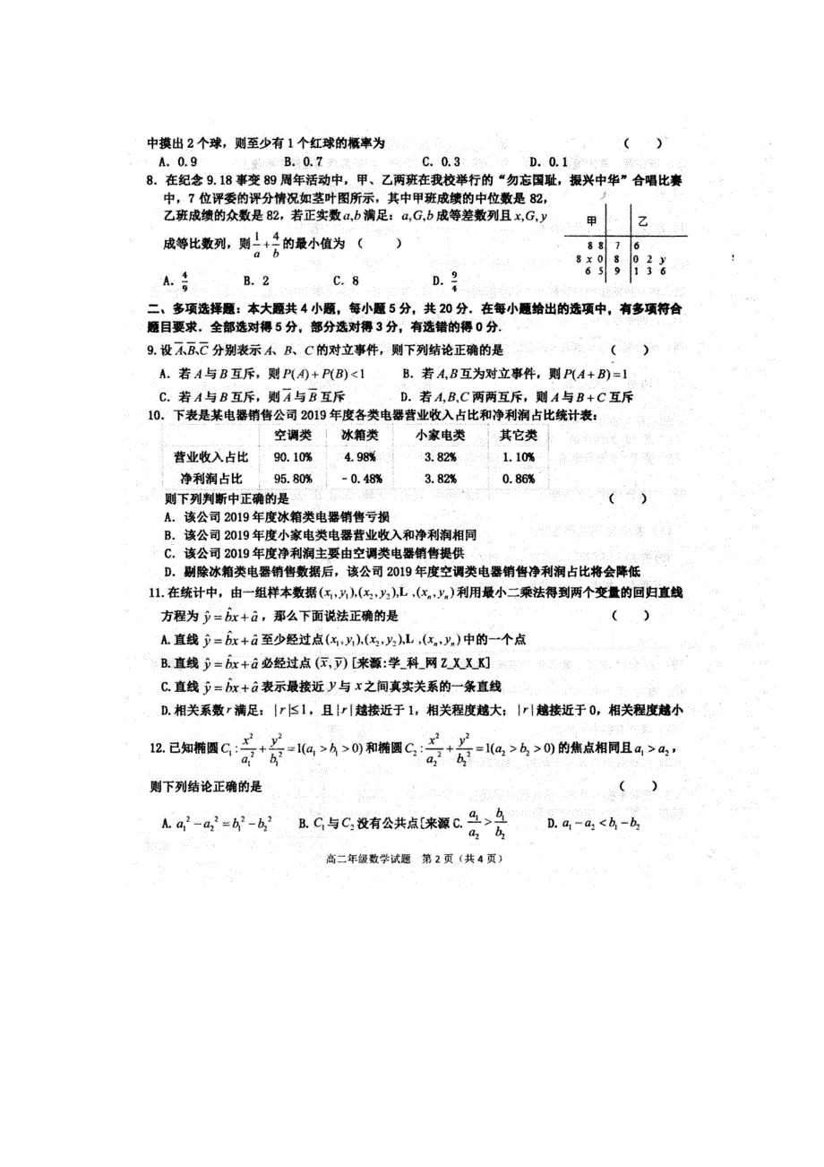 河北省邢台市第一中学2020-2021学年高二上学期第一次月考数学试题 扫描版含答案.pdf_第2页