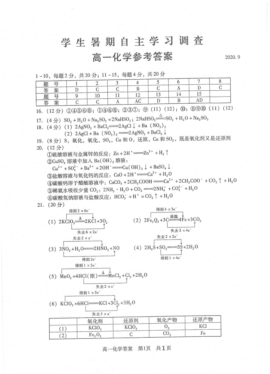 江苏省苏州常熟市2020-2021学年高一上学期学生暑假自主学习调查化学试题 扫描版含答案.pdf_第3页