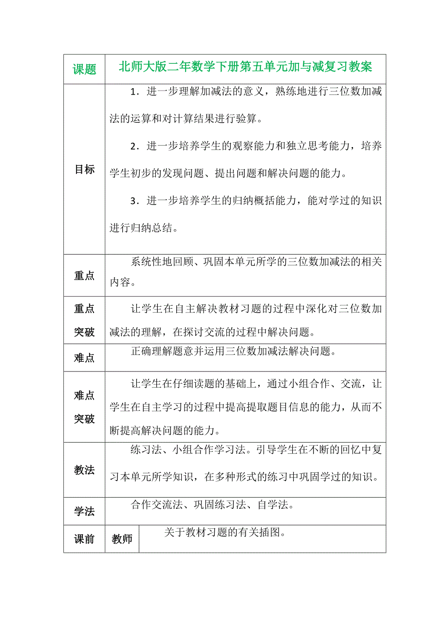 北师大版二年数学下册第五单元加与减复习教案.docx_第1页