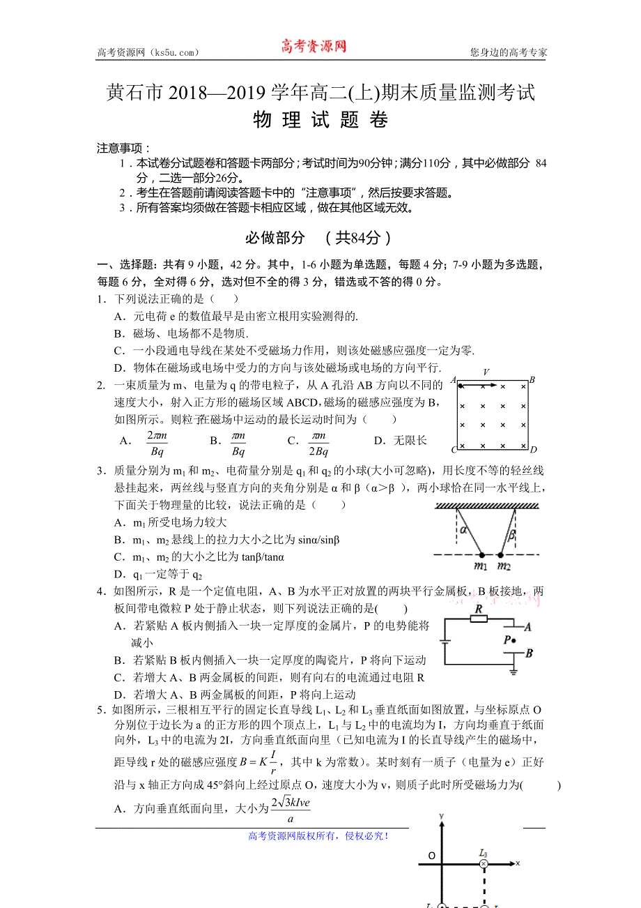 湖北省黄石市2018-2019学年高二上学期期末质量监测考试物理试题 WORD版缺答案.doc_第1页