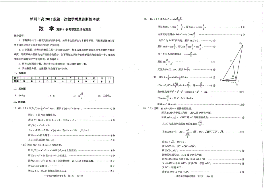 四川省泸州市2020届高三数学上学期第一次教学质量诊断性考试试题 理 答案.pdf_第1页