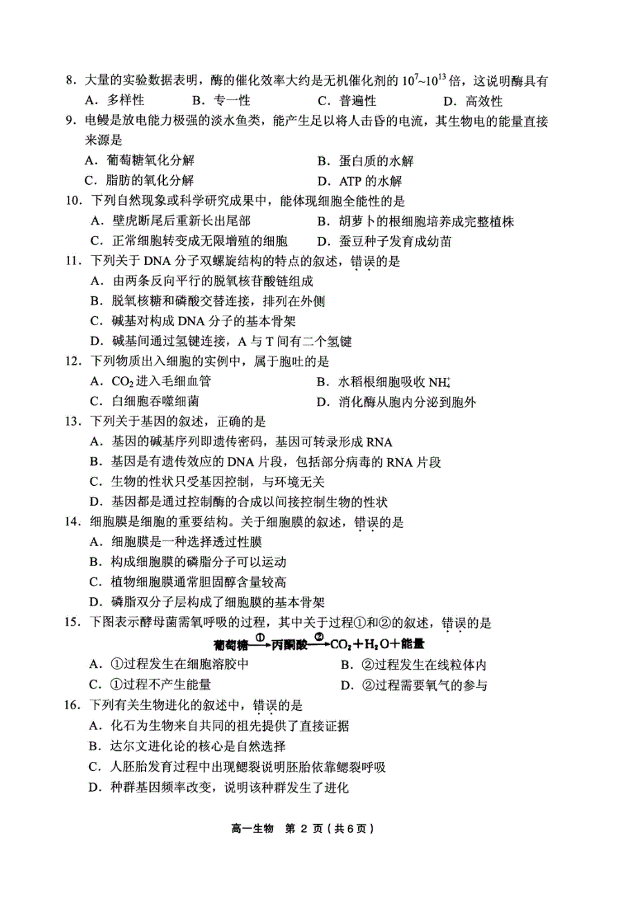 浙江省绍兴市柯桥区2020-2021学年高一下学期期末教学质量调测生物试题（PDF）.pdf_第2页