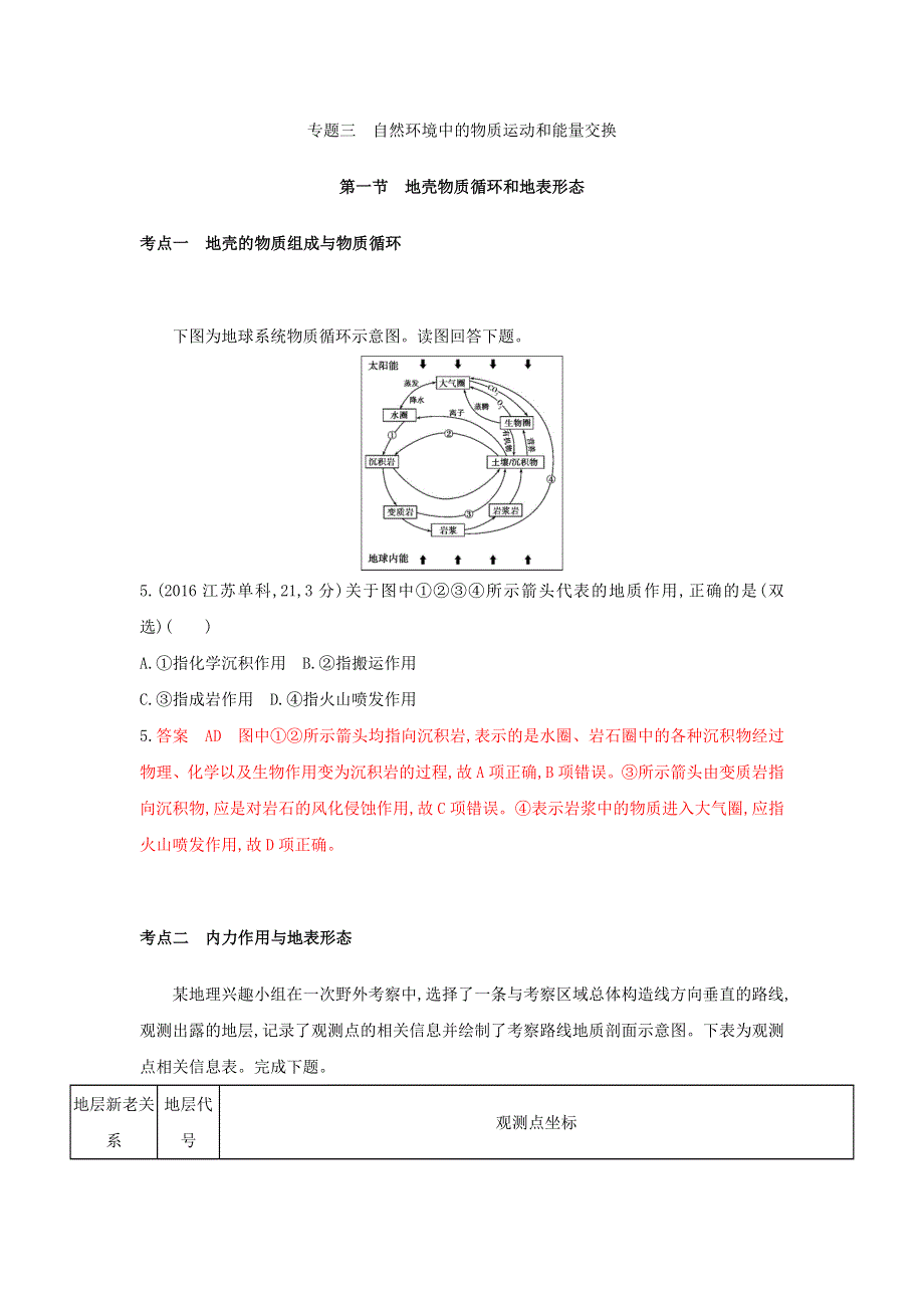 2019版高考地理（B版浙江选考专用）教师用书试题：专题三 自然环境中的物质运动和能量交换 第一节地壳物质循环和地表形态 WORD版含答案.doc_第1页