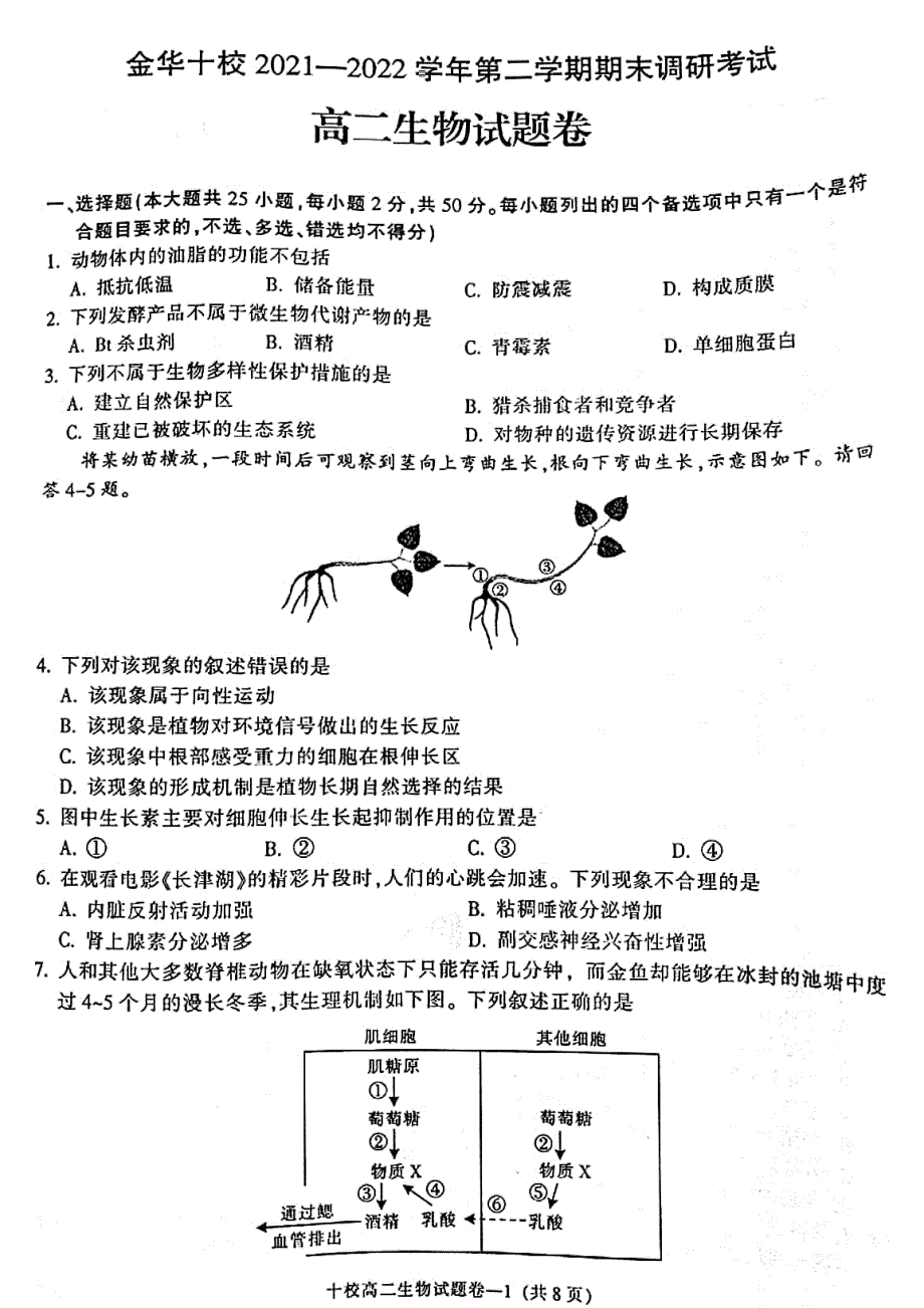 浙江省金华十校2021-2022学年高二下学期期末调研考试 生物 PDF版含答案.pdf_第1页