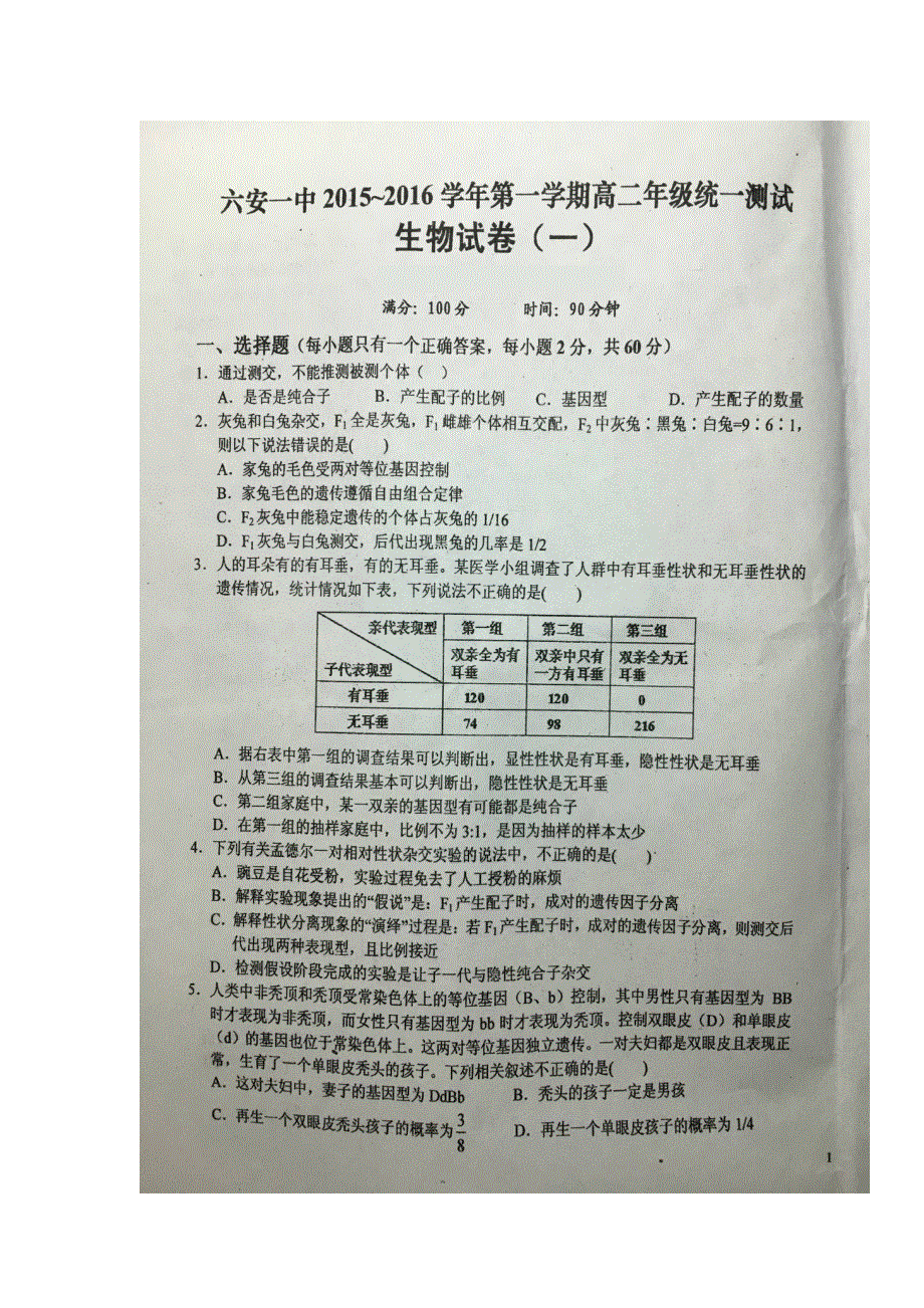 安徽省六安市第一中学2016-2017学年高二上学期统一测试（一）生物试题 扫描版含答案.doc_第1页