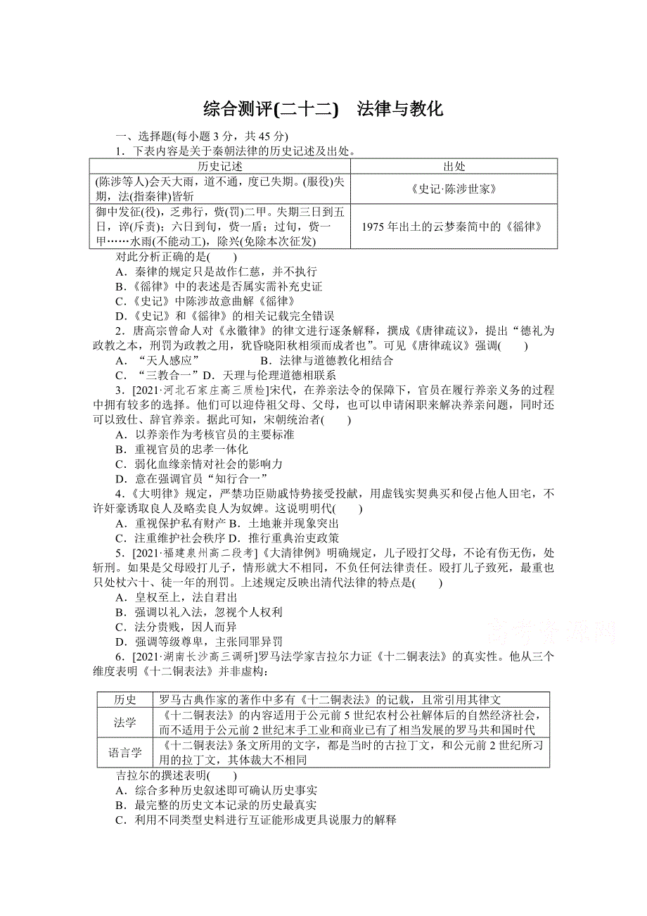 （新教材）2022届高考历史部编版一轮综合测评（二十二） 法律与教化 WORD版含解析.docx_第1页