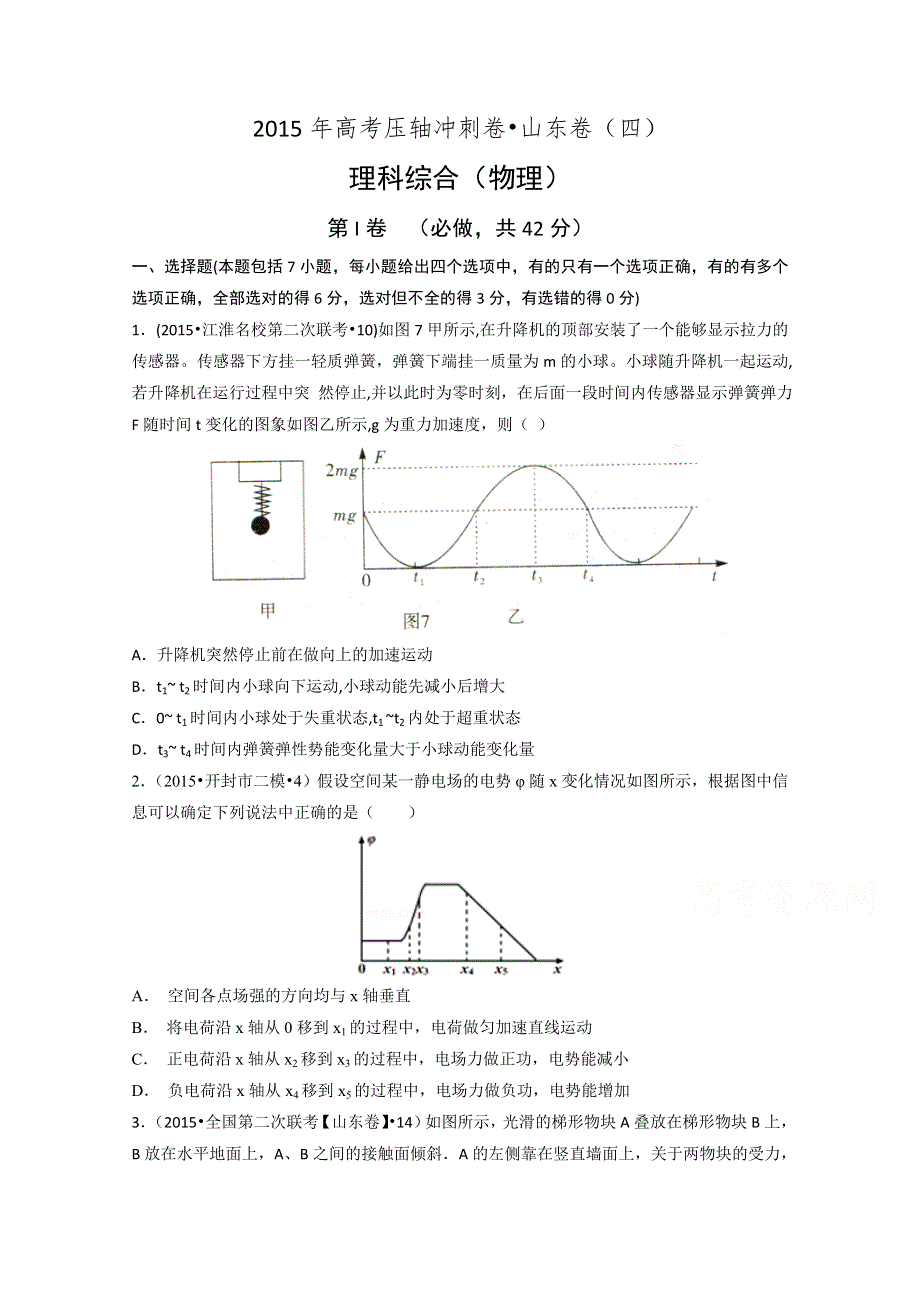 2015年高考压轴冲刺卷山东卷（四）物理试题 WORD版含解析.doc_第1页