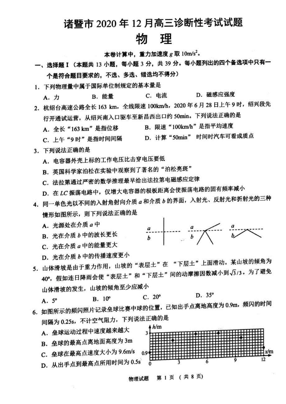 浙江省绍兴市诸暨市2020年12月高三诊断性考试试题物理卷 PDF版含答案.pdf_第1页