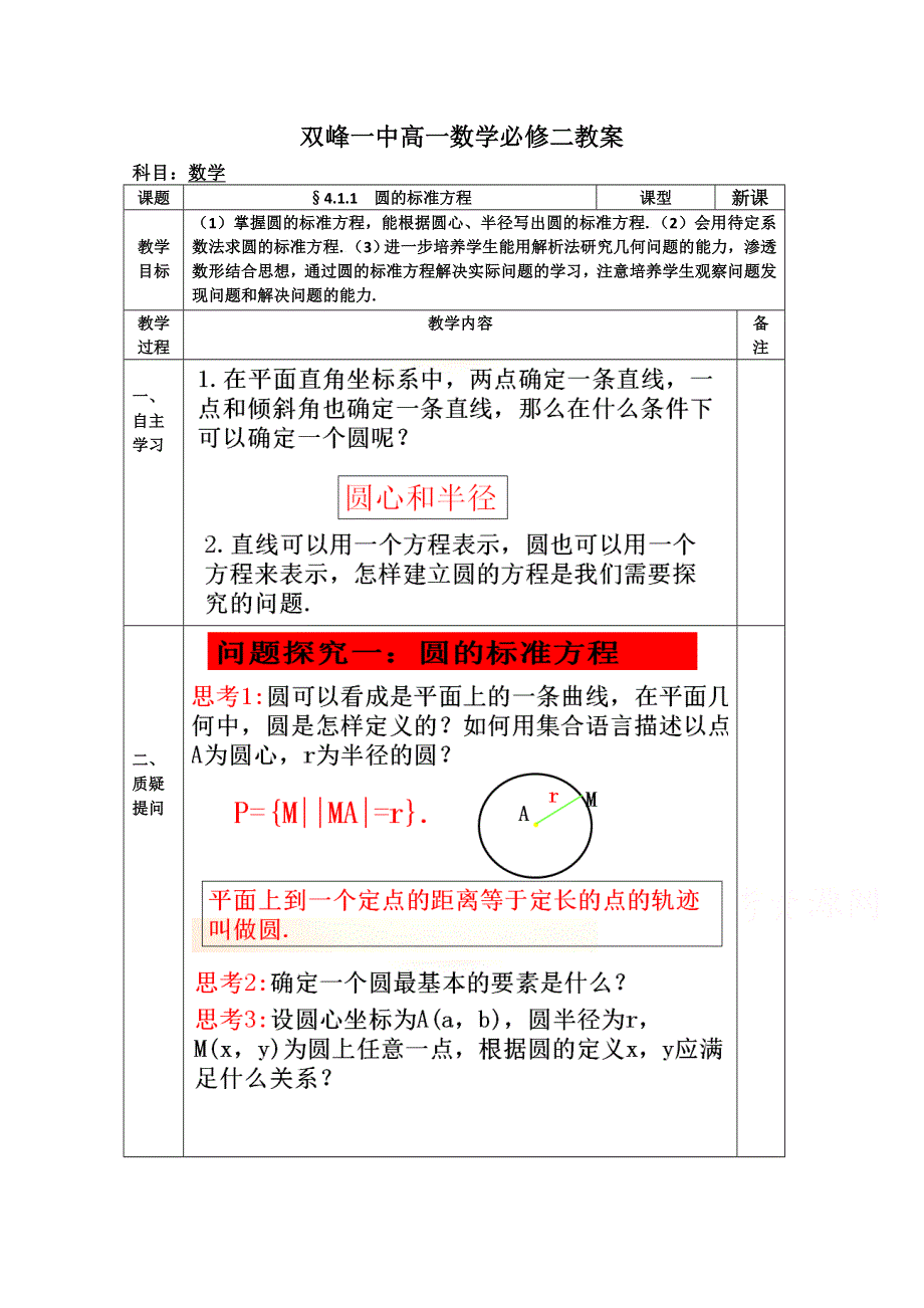 湖南省双峰县第一中学集体备课教案高一数学人教版必修二 4-1-1 圆的标准方程 .doc_第1页