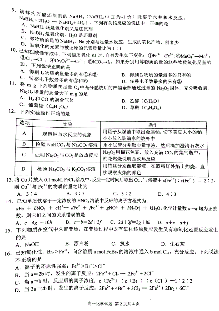 安徽师范大学附属中学2020-2021学年高一上学期1月摸底考试化学试题 扫描版含答案.pdf_第2页