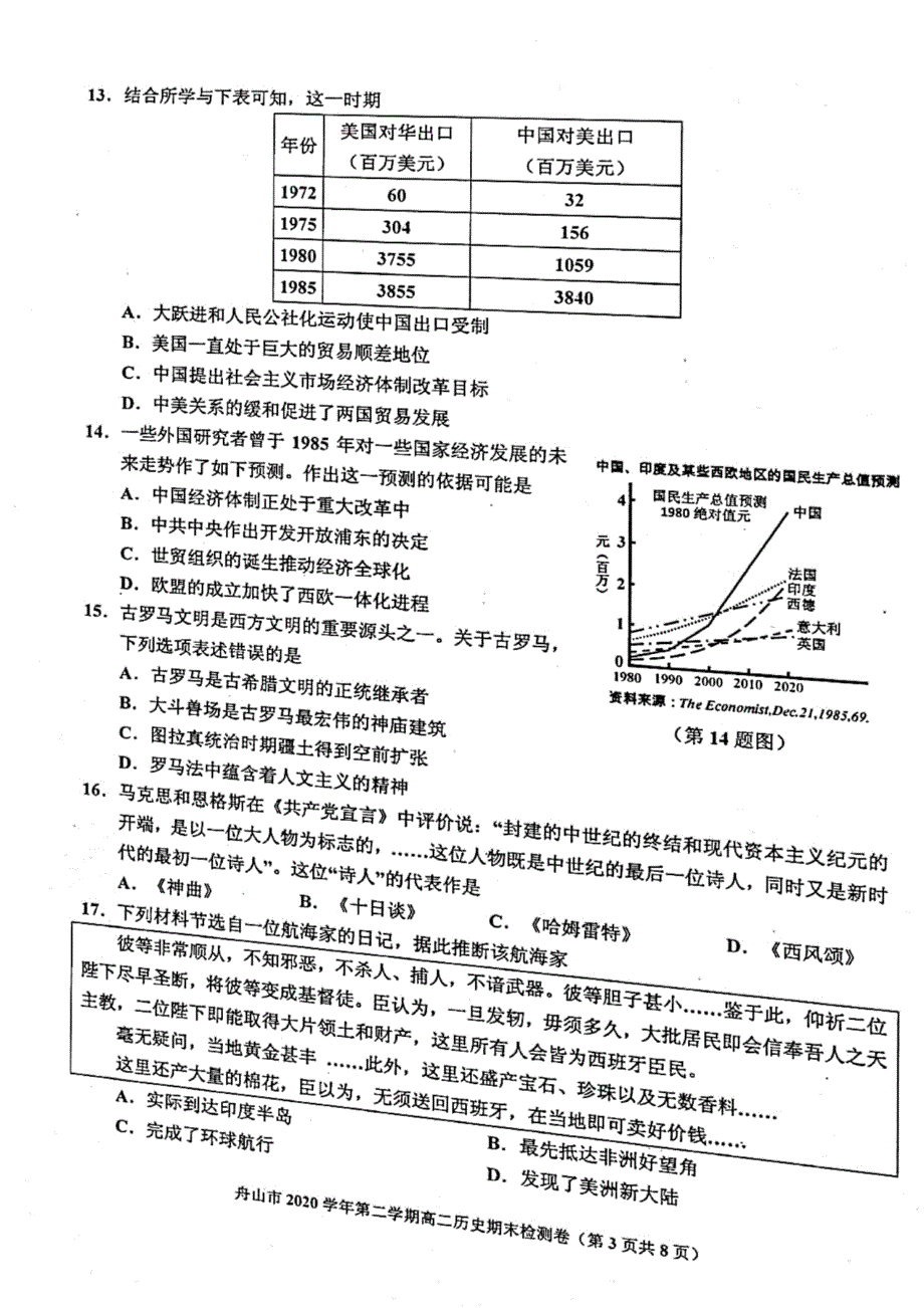 浙江省舟山市2020-2021学年高二下学期期末检测历史试卷 扫描版含答案.pdf_第3页