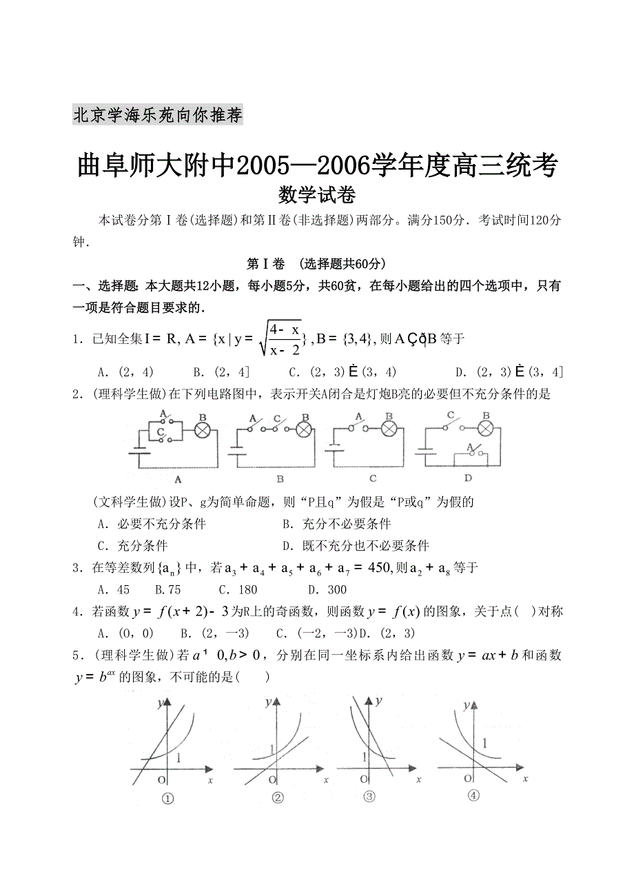 曲阜师大附中2005—2006学年度高三统考 数学试卷.doc_第1页