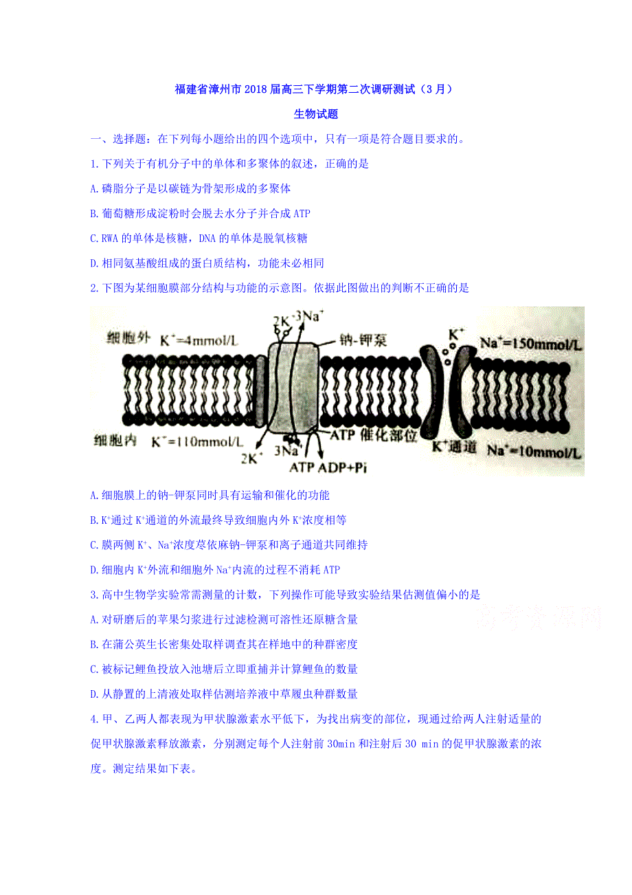 福建省漳州市2018届高三下学期第二次调研测试（3月）生物试题 WORD版含答案.doc_第1页