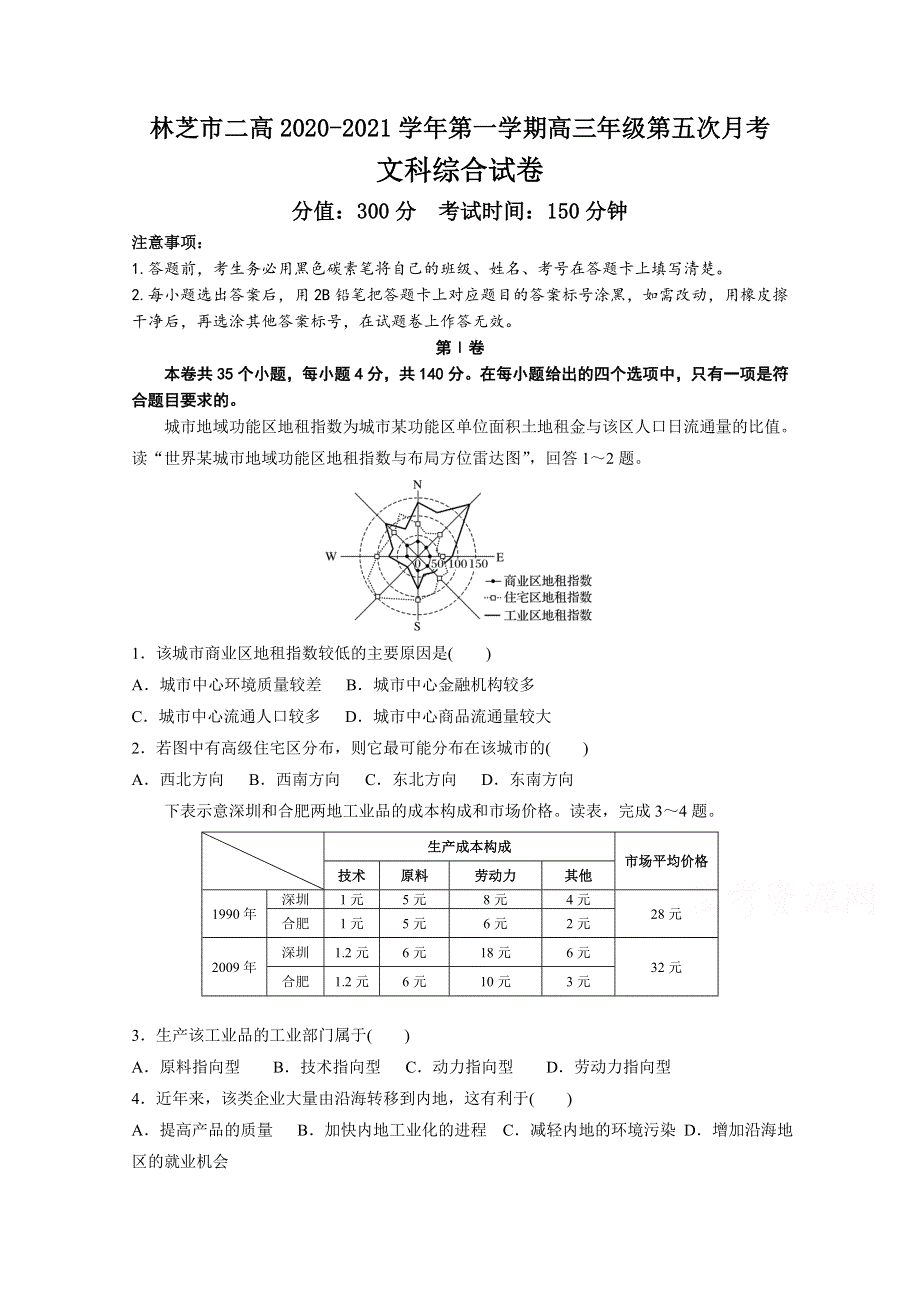 林芝市第二高级中学2021届高三上学期第五次月考文综地理试卷 WORD版含答案.doc_第1页