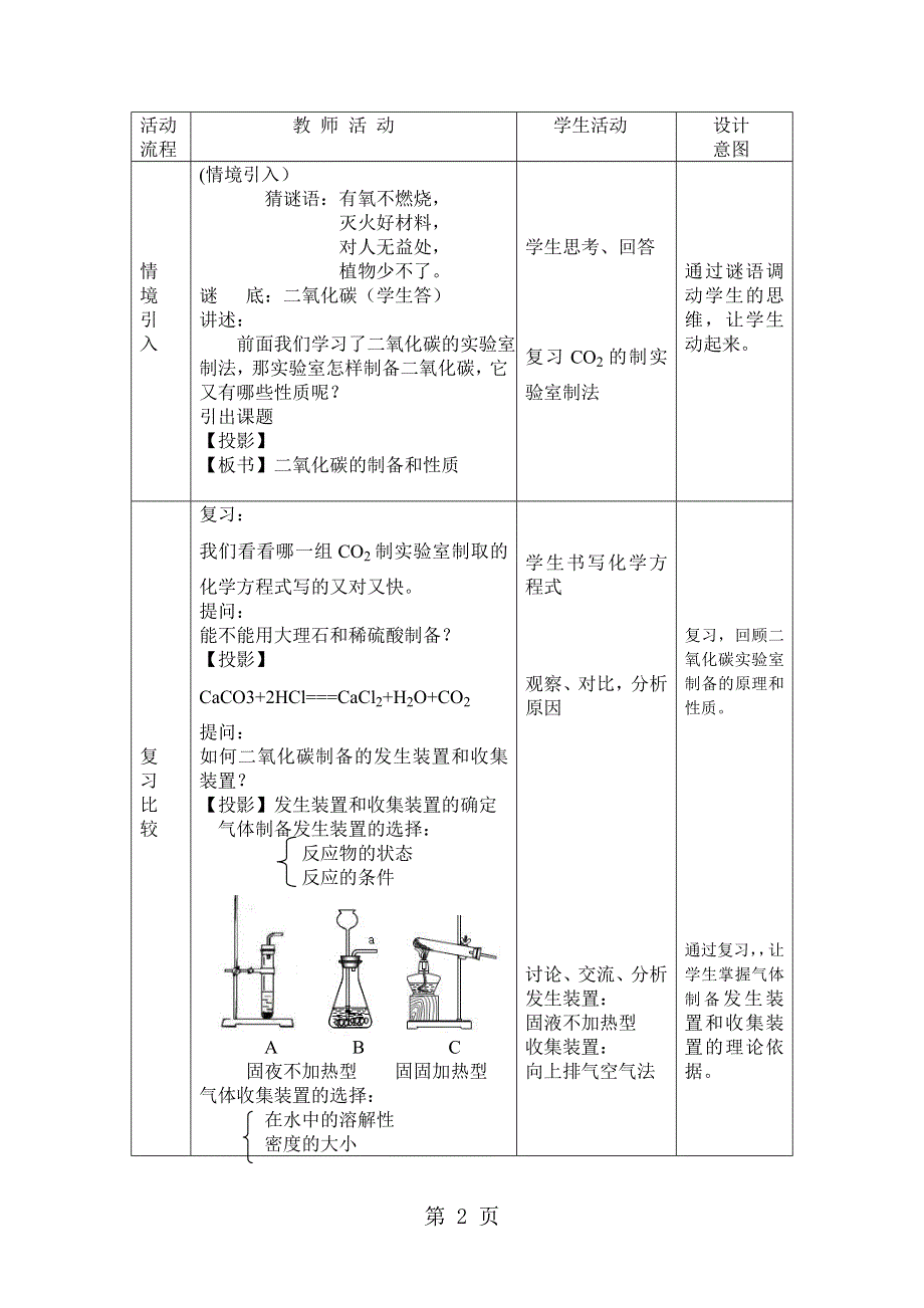 化学九年级鲁教版专题复习：二氧化碳的制备和性质教案.doc_第2页