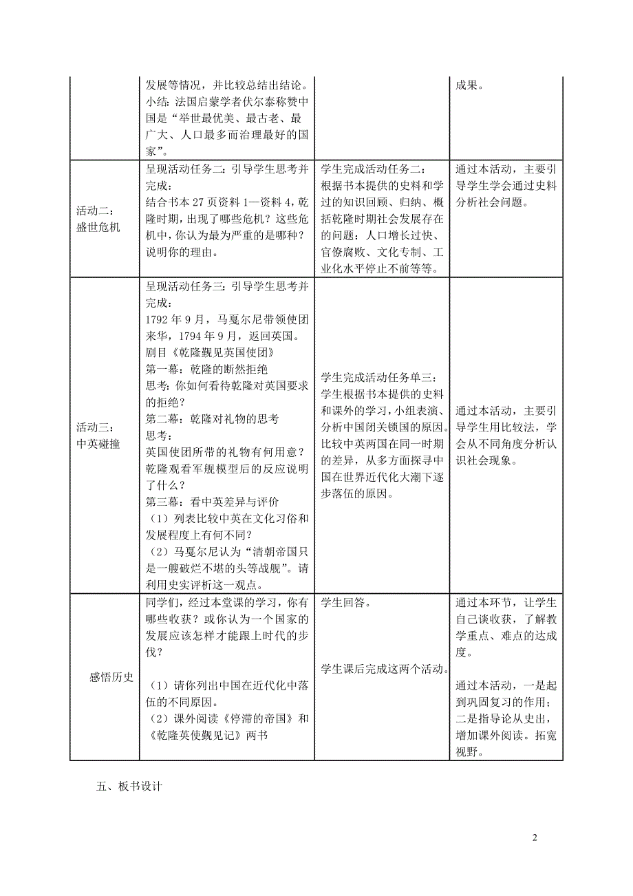 八年级历史与社会下册第五单元综合探究五探讨乾隆盛世的危机教学设计人教版.doc_第2页