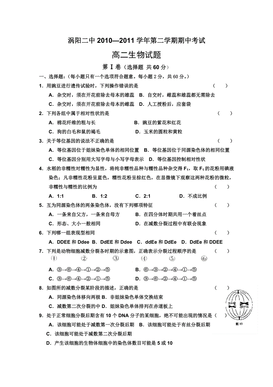 安徽省亳州市涡阳二中2010-2011学年度第二学期高二期中考试（生物）.doc_第1页