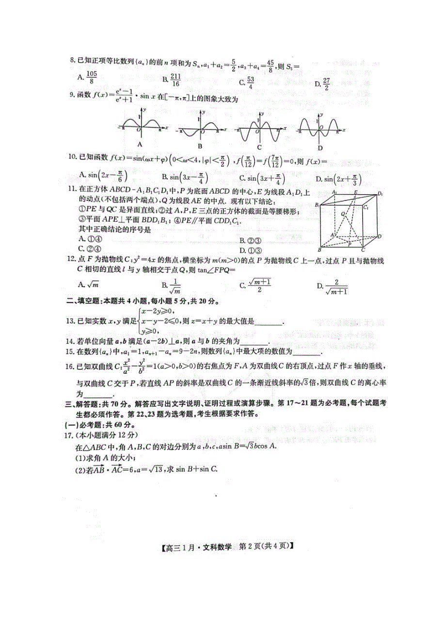 河南省九师联盟2021届高三上学期1月月考文科数学试题 扫描版含答案.pdf_第2页